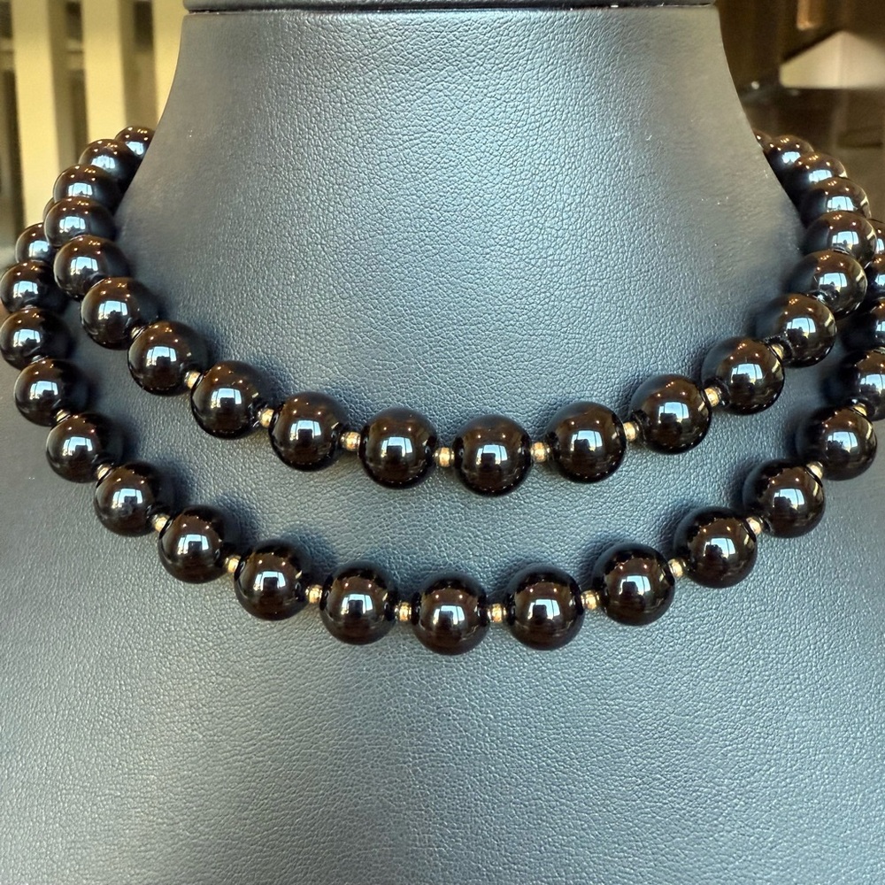 Vintage Acrylic 8mm Black Beaded 30” Long Necklace Hidden Box Closure